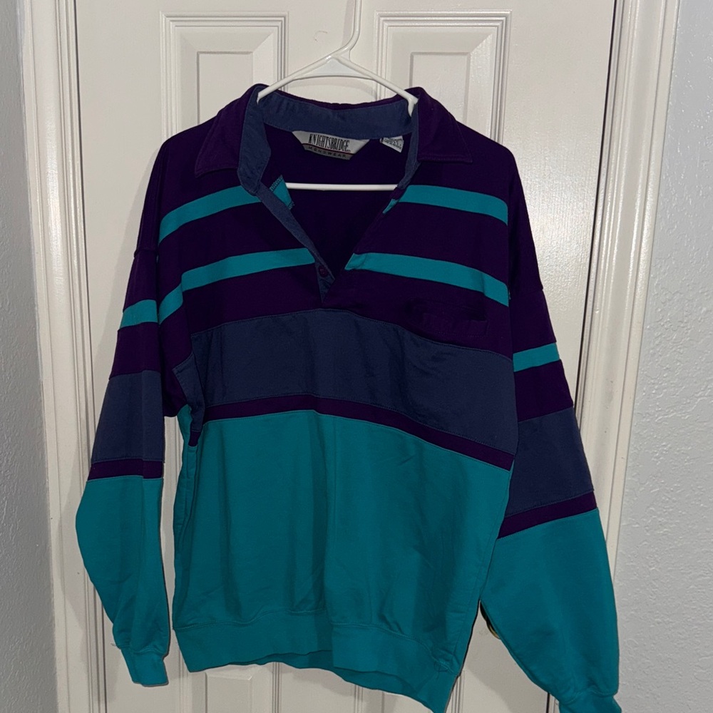 90s Vintage Striped Polo Shirt - Teal and Purple